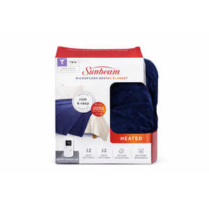 Sunbeam Royal Luxe Night Fog Heated Blanket 12-Heat Settings Auto Off Machine Washable Twin, Blue