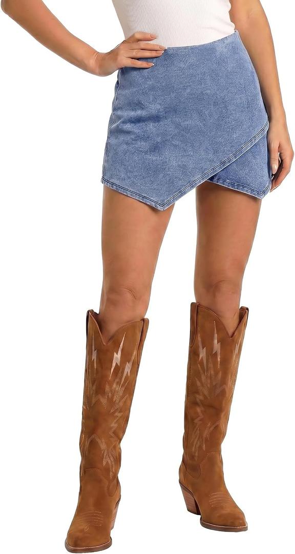 luvamia Jean Skorts for Woman High Waisted Pull On Stretchy Denim Wrap Skirt with Shorts Trendy Asymmetrical Skort, XL
