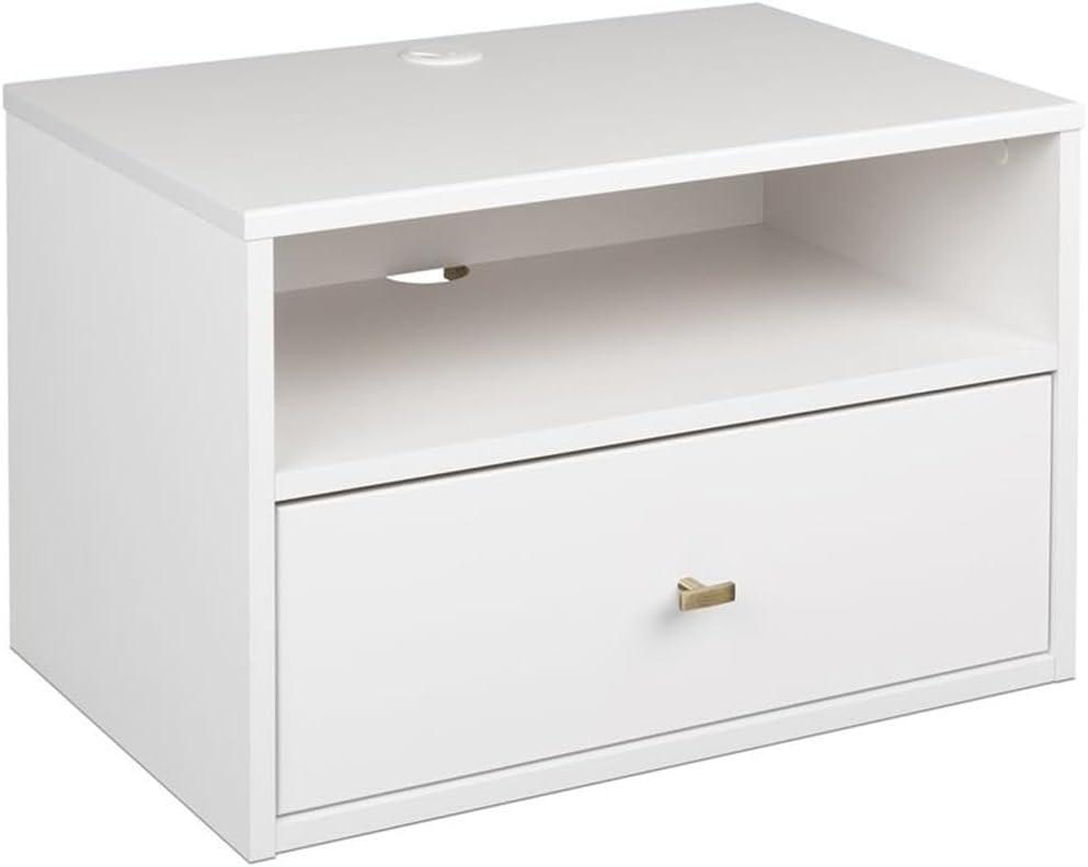 Prepac Floating Shelf Side Table with Drawer and Brushed Brass Knobs, Modern Floating Nightstand 15" D x 22.5" W x 14.5" H, White, WDBW-1411-1