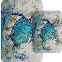 Britimes Blue Turtle Bathroom Rug Mat Set of 2, Ocean Nautical Starfish Washable Cover Floor Rug Carpets Floor Bath Mat Bathroom Decorations 16x24 and 20x32 Inches