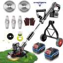10400mAh Electric Weed Wacker with Wheel, Weed Eater Cordless, Battery Power Display, 4-in-1 Brush Cutter, String Trimmer, Lawn Edger & Mower, Lightweight Weed Wacker with 6 Blade 2 Battery