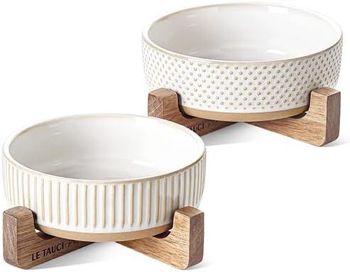 LE TAUCI PET Ceramic Dog and Cat Bowl Set with Acacia Wood Stand - 2 Cup Weighted Non-Slip Food and Water Bowls for Small Dogs & Cats, Lines + Dot