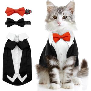 DENTRUN Tuxedo Suit with Two Bow Tie, Stylish Cat Shirt Formal Outfit, Hairless Cat Fashion Apparel Fancy Clothes, Kitten Formal Attire Wedding Onesie Costume (Small, Black)