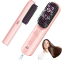 Cordless Hair Straightener Brush - Portable Hair Straightening Brush for Travel - 300M Negative Ions for Frizz-Free Shine, Touch Up On-The-Go, Fast Heating, Gift for Women, 10,000mAh, Powder Pink