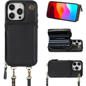 Bocasal Crossbody Wallet Case for iPhone 15 Pro, RFID Blocking Leather Purse Case with Card Holder, Protective Handbag Flip Cover with Zipper Wrist Strap Lanyard for Women 5G 6.1 Inch (Black)