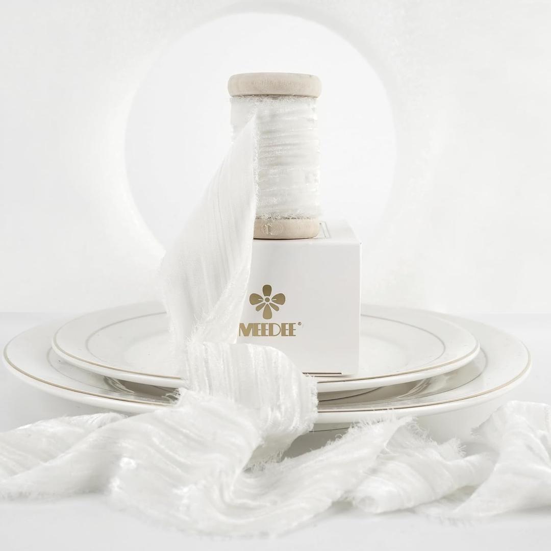 MEEDEE White Velvet Ribbon 2 Inch Frayed Edge Ribbons 2 Rolls 4 Yards Crinkle Crushed Ribbons White Velvet Ribbon for Christmas Tree, Gift Wrapping, Holiday Decor, Wedding Favors