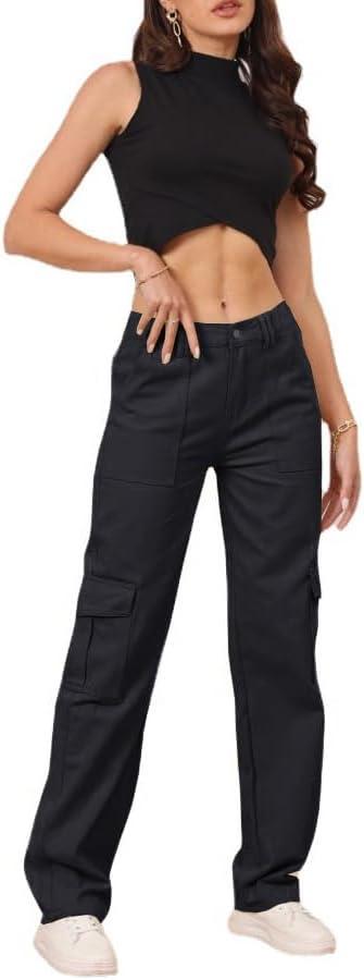 THWEI Cargo Pants for Women High Waisted Casual Pants Y2K Streetwear with 6 Pockets (Medium, Black)