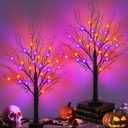 [Timer] 2 Pack 24 Inch Halloween Decorations Indoor, Black Halloween Tree with 24 LED Orange Purple Lights & 16 Pumpkin Bat Ghost Witch Hat, USB/Battery Operated Table Decorations Home Party