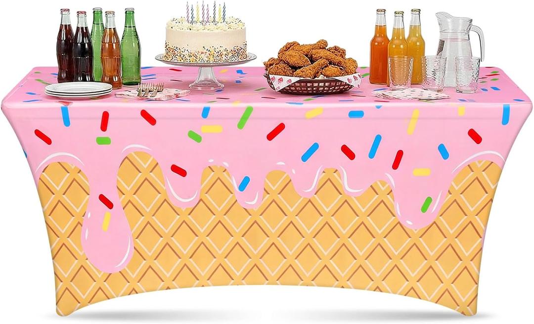 Moukeren Ice Cream Spandex Tablecloth Party Decorations 6ft Ice Cream Drip Baseball Table Cover Washable Wrinkle Resistant Stretch Rectangular Patio Tablecloth for Birthday Indoor Kitchen Decor