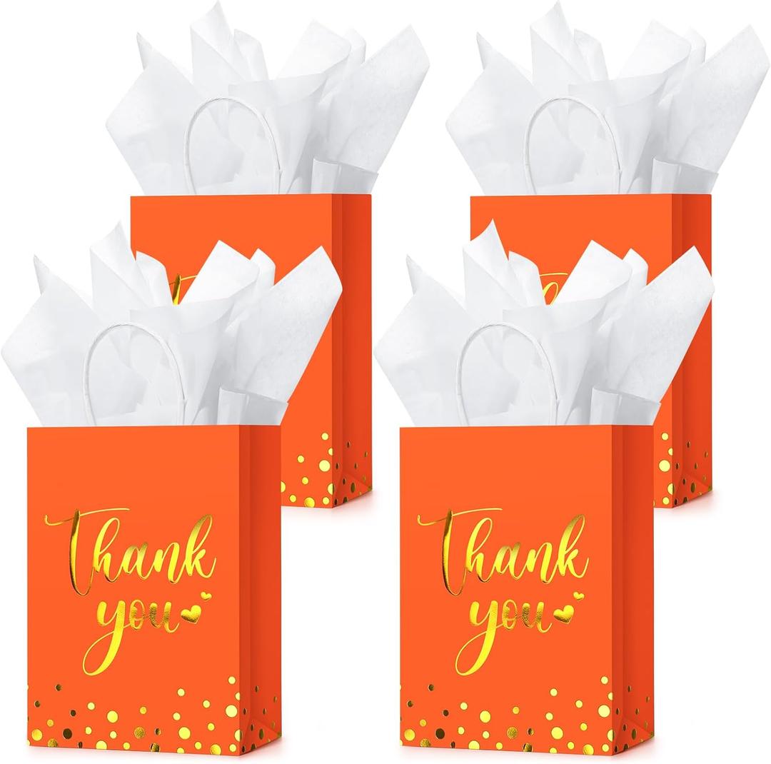 Tinlade 30 Pcs Thank You Gift Bags with Tissue Paper Gold Thank You Wedding Bags with Handle for Graduation Business Shopping Wedding Shower Party Favors(Orange)