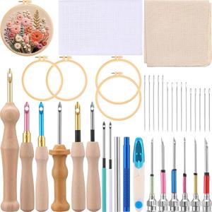 Reallnaive 47 Pcs Punch Needle Kit, Punch Needle Tool Mom Birthday Gift Adjustable Punch Embroidery Kits for Beginners Adults Embroidery Pen Set, Threader, Hoop Handmade Stitching Kit for Mom