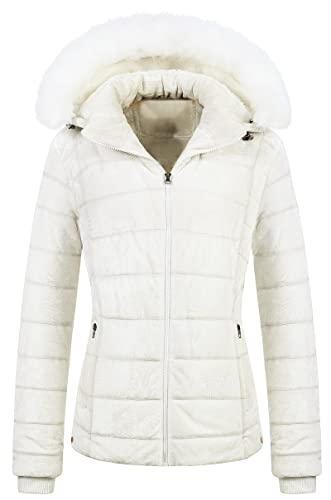 Chrisuno Women's Casual Winter Parka Windproof Padded Short Jacket Down Alternative Coat With Faux Fur Hood Cream White XS