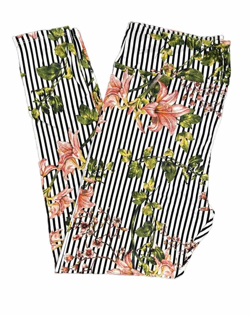 TC Lularoe Tall & Curvy Leggings Floral Lily Striped Black White