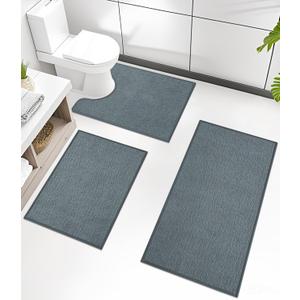 chakme Bathroom Rug Set 3 Piece, Ultra Thin Bath Mat Quick Dry, Absorbent, Non Slip, Machine Washable, Light Blue, 17" x 24" / 17" x 30" / 17" x 59" Geometric Design