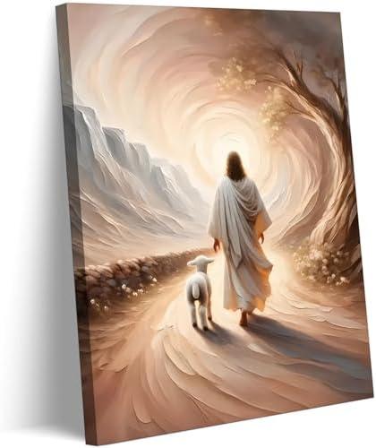 Jesus Leaves The 99 Sheep Canvas Wall Art Jesus And Lamb Picture Wall Decor Christ The Good Shepherd Lost Lamb In Poster Print Painting for Living Room Bedroom Church Home Decoration Prepare To Hang
