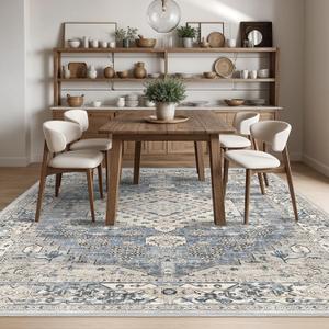 9x12 Washable Distressed Area Rugs -Living Room Bedroom Kitchen Apartment Distressed Muted Rug Non-Slip Thin Ultra Soft Low Pile Laundry Carpets, Blue/Beige (9' x 12', Blue/Beige)