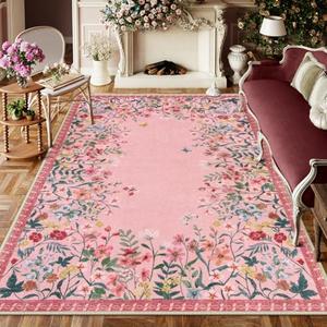 Wonnitar Washable Rug 6x9, Pink Botanical Area Rug for Girls Bedroom, Non-Slip Soft Nursery Kids Room Floral Rug Thin Throw Carpet for Dorm Living Room Decor (Pink, 6'x9')