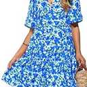 KIRUNDO Womens Summer Dresses Casual Boho Floral Mini Babydoll Short Sleeve A Line Dress V Neck Sundress Beach Vacation(White Blue Flower, Small)