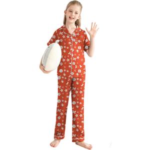Veseacky Girls Silk Pajamas Short Sleeve Pjs for Kids Satin 2 Piece Lounge Sets Button Down Sleepwear with Long Pants (Christmas Red,8y 9y)