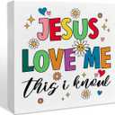 Jesus Loves Me This I Know Christian Baby Girl Boy Nursery Room Wood Box Decor Sign, Neon Smiley Christian Toddler Room Decorations for Baby Boys Girls