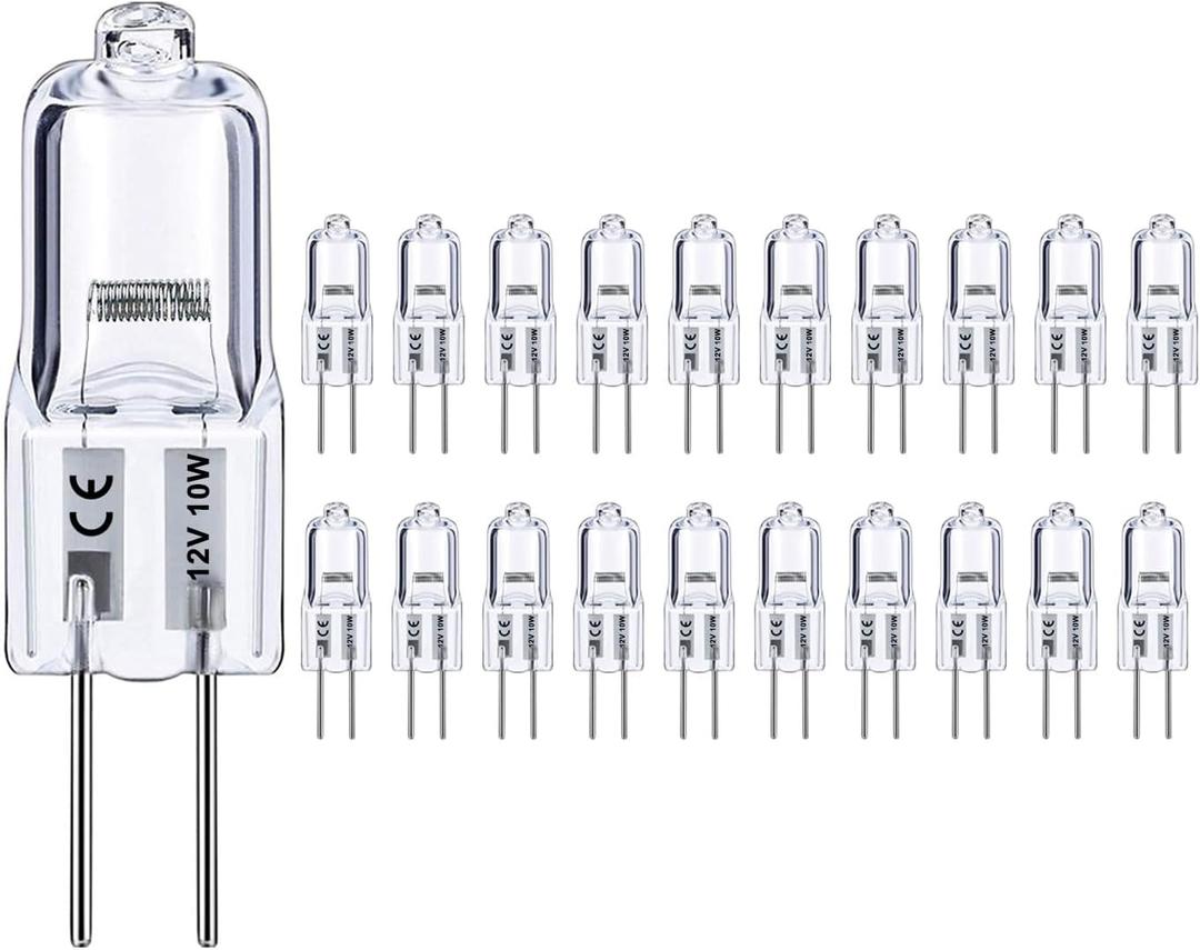 G4 Bulb, 20 Pack Halogen G4 12V 10W with G4 Bi-pin Base, High Output G4 Light Bulb 12V 150LM 3000Hrs Long Lifetime, G4 Dimmable, CRI100 & 2800K Warm White, G4 Halogen Bulb 10W for Cabinet Light Bulbs