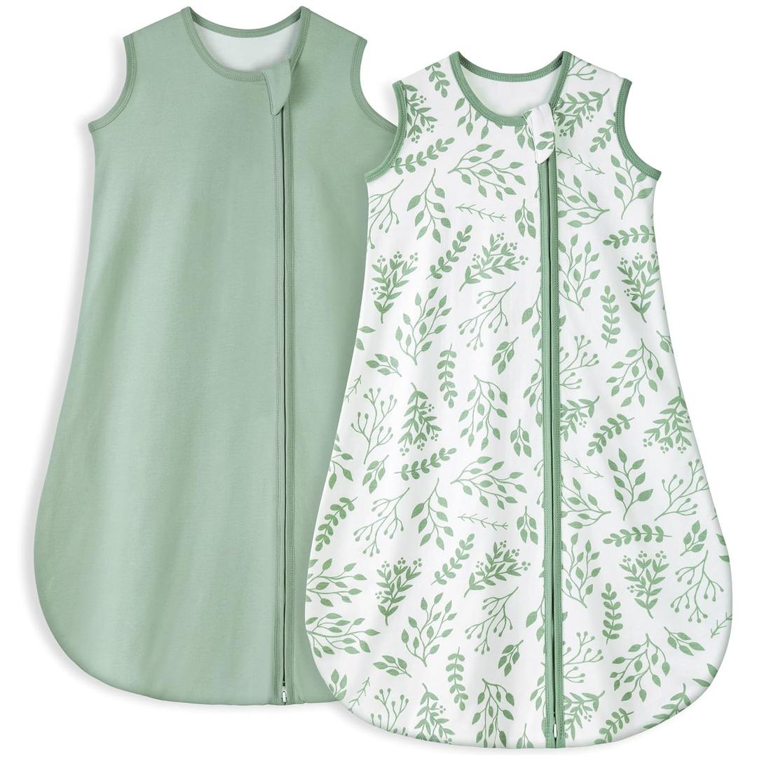 Yoofoss Baby Sleep Sack 0-6 Months TOG 1.0 Baby Wearable Blanket, 2 Pack 100% Cotton Infant Toddler Sleeping Sack 2-Way Zipper Lightweight Sleep Sack (Small, 1.0 Tog-leaf&green)