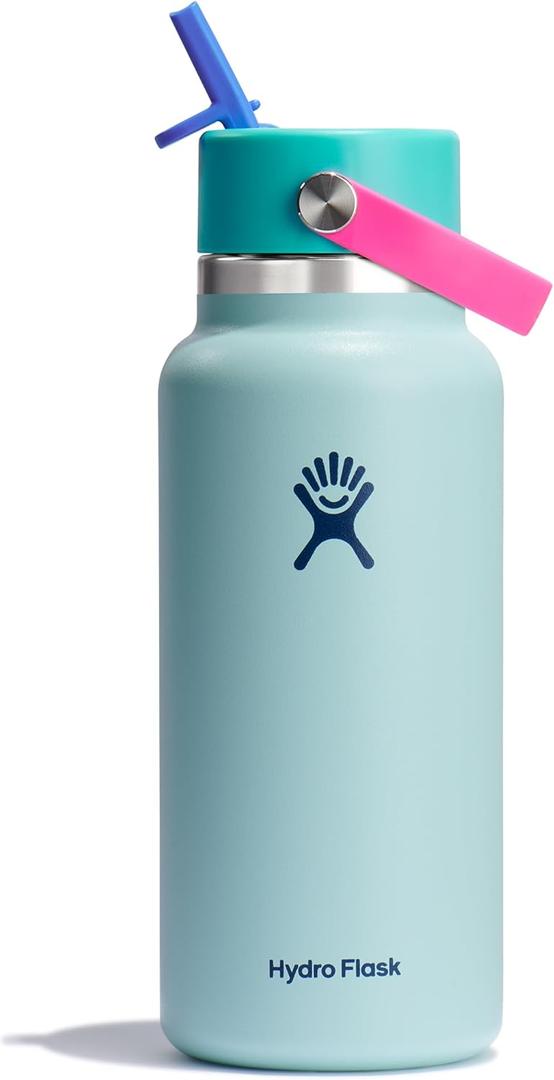 Hydro Flask Water Bottle - Insulated Stainless Steel - Wide Mouth Flex Straw Lid, Non Spill, Leakproof and Refillable in 32 Oz Polar Plunge