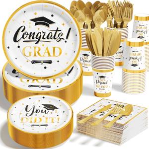 Ecomore Graduation Decoration Class of 2026, 350PCS Graduation Party Supplies Disposable Dinnerware(Serve 50) with Paper Plates Cup Napkin Fork Knife Spoon College High School Grad Decor(White & Gold)