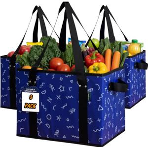 Reusable Grocery Bags (3 Pack) - Heavy Duty Foldable Tote Bags with Long Handles & Hard Bottom - Large Reusable Shopping Bags, Box-Shaped Grocery Totes Hold Up to 65 lbs, Stand Up & Fold Flat