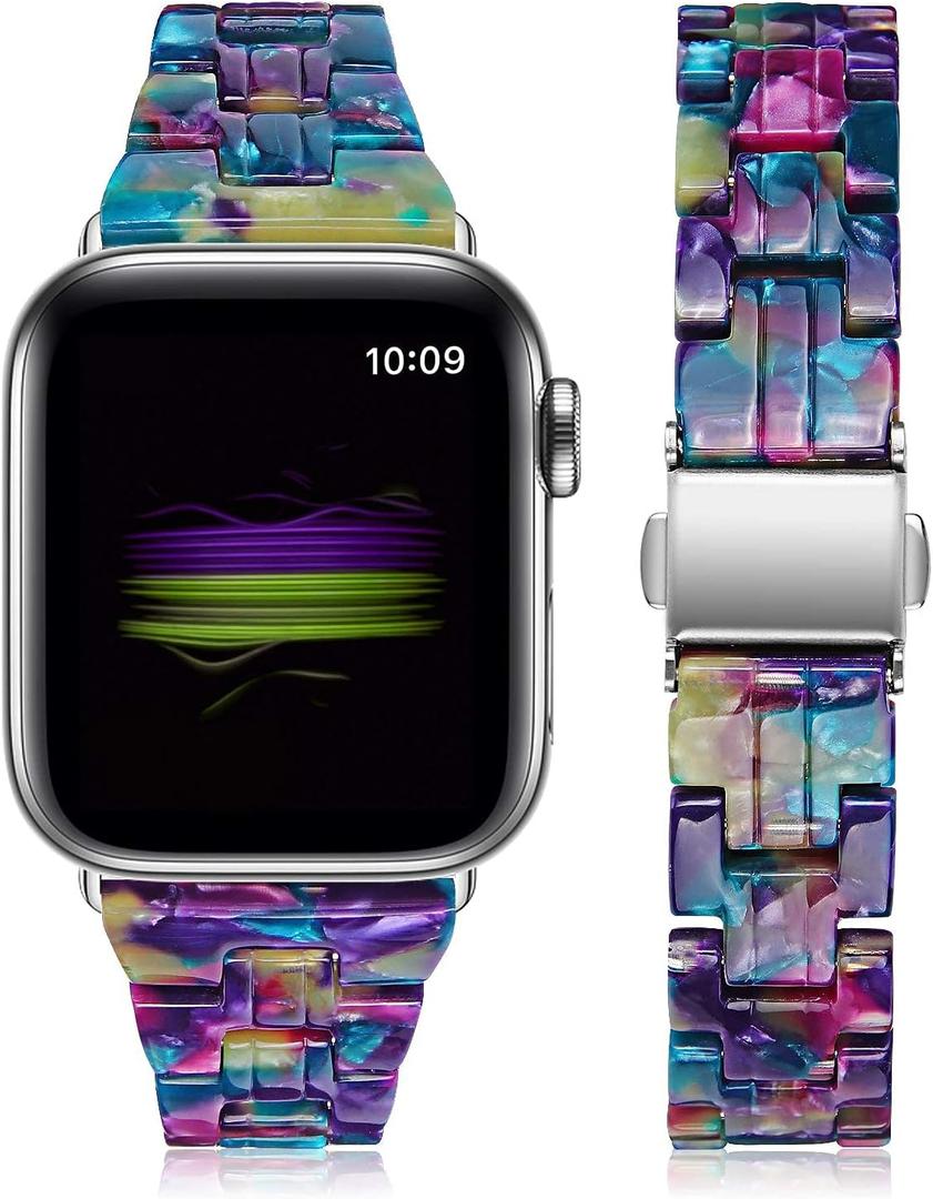 JOYOZY Compatible with Apple Watch Bands 42mm(Series 3/2/1) 44mm 45mm 46MM 49MM Fashion Slim Resin For Apple Watch Series 11 10 9 8 7 6 5 4 3 2 1 SE Ultra (Purple Green Flower-Uniqe, 42MM 44MM 45MM)