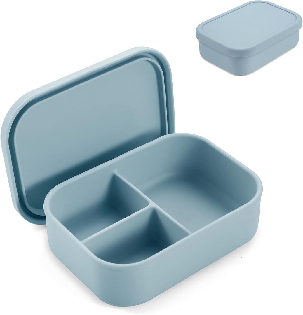 PandaEar 3-Compartment Silicone Bento Box for Toddlers & Kids - BPA-Free Food-Grade Meal Prep Container - Durable & Easy-Open Small Lunch Box for Daycare, Travel & Picnic, Blue