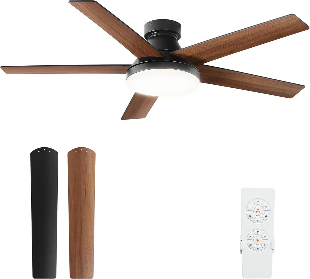 YITAHOME 52" Low Profile Ceiling Fan with Light & Remote, 3660 CFM, 3 CCT, 4 Timer Modes, 5 Reversible Dual Finish Blades, Quiet DC Motor for Living Room, Patio, Matte Black & Walnut