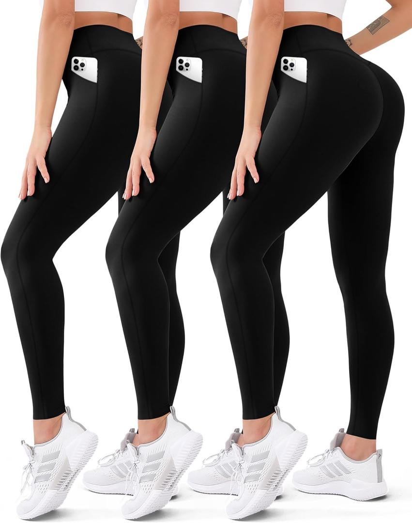 3 Pack High Waisted Leggings for Women Butt Lift Tummy Control Yoga Pants Non See-Through Workout Running Pants (Large-X-Large) Black