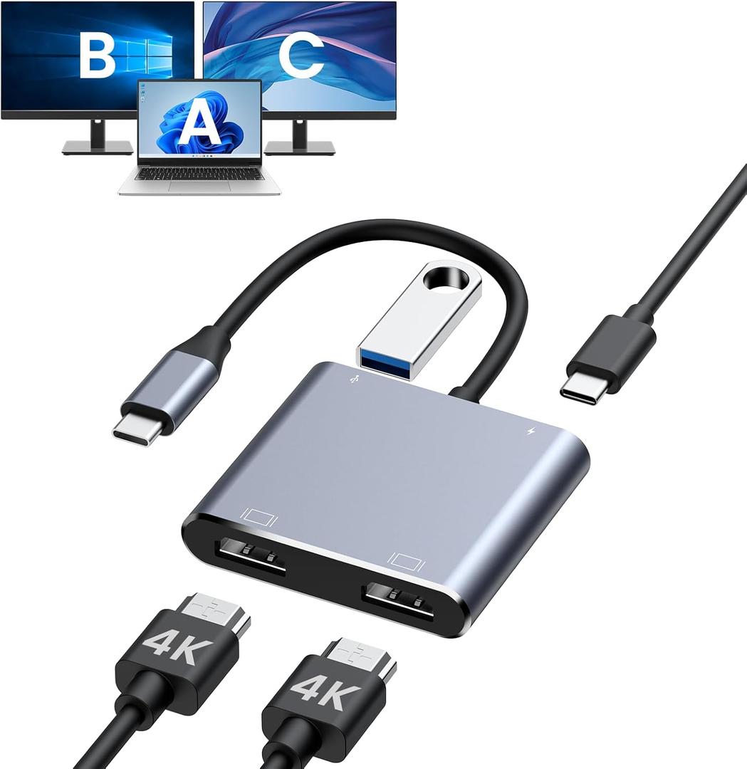 USB C to Dual HDMI Adapter, 4K@60Hz HDMI Splitter for Dual Monitors Extended Display, 100W PD Charging, USB-A Port, Windows Supports Multi-Monitor with 3 Screens, macOS Limited to Mirror Mode (Grey)