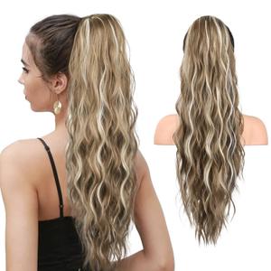 HOOJIH Ponytail Extension, Drawstring Ponytail Hair Extensions 26 Inch Long Curly Wavy Ponytail Natural Wavy Synthetic Hairpiece for Women Daily Use - Deep Blonde with Blonde highlights