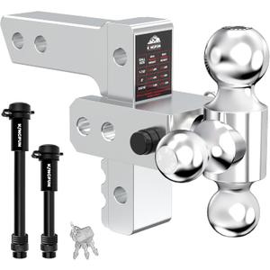 Kingfun Adjustable Trailer Hitch - Drop Hitch Fits 2 Inch Receiver, Tri Ball (1-7/8", 2", 2-5/16") 6 Inch Drop/Rise, 12500 LBS GTW Aluminum Heavy Duty Tow Hitch with Anti-Theft Pin - (Silver)