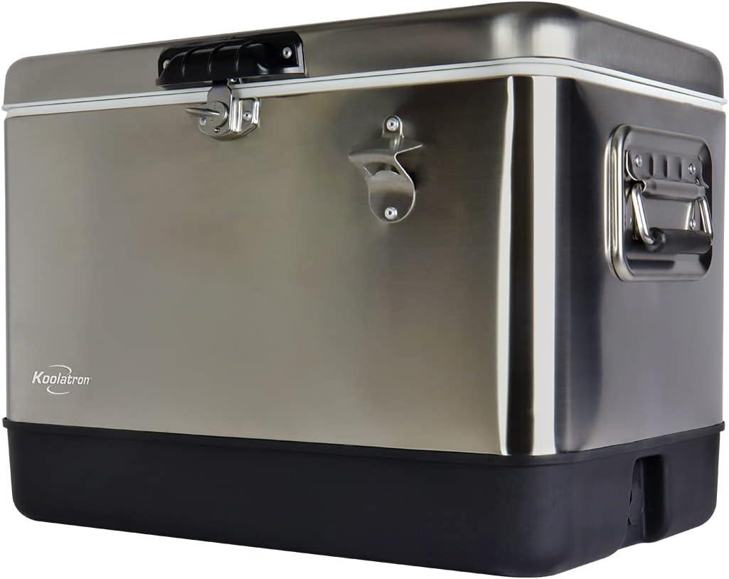 Koolatron Ice Chest Cooler - Portable Ice Bucket with Bottle Opener, Vintage Style, Insulated for Camping, Beach, Picnic, RV, BBQs, Tailgating, Fishing, Stainless Steel 85 Can Ice Box, 51L (54 qt)