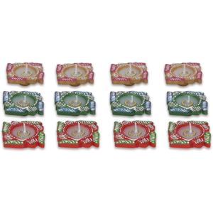 12 Pc Multicolor Handmade Terracotta Swastik Wax Filled Diya Set | Decorative Oil Lamps for Diwali Pooja | Unique Indian Gift Item | Perfect for Thanksgiving Celebrations