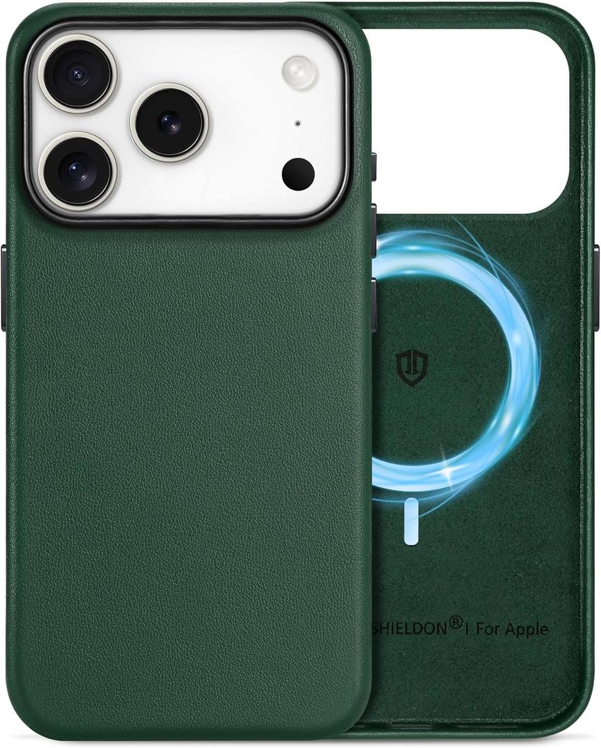 SHIELDON Real Leather Case for iPhone 17 Pro 2025 | Compatible with Magsafe, Magnetic Wireless Charging, Slim Fit, Comfort Grip, Non-Slip, Shockproof, Metal Button, Protective Phone Cover - Evergreen