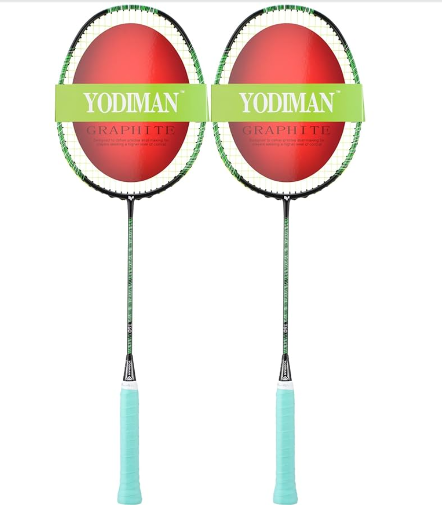 YODIMAN Set of 2 Ultralight Badminton Rackets (74 g) - Graphite Frame Material & Shaft Material - Highly Flexible, Canopy up to 28 lbs - For Training and Competition