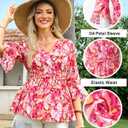 Timeson Women's 3/4 Sleeve Tops Dressy Casual V Neck Floral Blouses Elastic Waist Fall Shirts (Pink, XL)