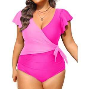 Tempt Me Women Plus Size One Piece Swimsuits - Tummy Control Bathing Suits 2025 Color Block Swimwear 16 Plus Pink