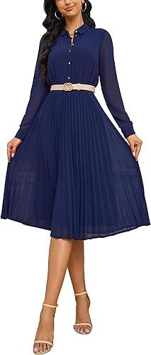 Business Casual Shirt Dress for Women Long Sleeves Pleated Midi Dresses with Belt L, Navy Blue