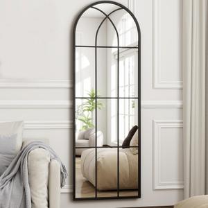 TinyTimes 65"x 22" Arched Full Length Window Wall Mirror,Winndow Pane Mirror, Farmhouse Arched-Top Mirror with Metal Framed, Rustic Decorative Mirrors - Black (Window B-black)