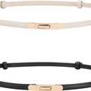 AWAYTR Women Skinny Leather Belt - 2 Pack Adjustable Thin Leather Belt for Jeans Dress with Gold Buckle (Fit Waist: 28"-44", Black+beige)
