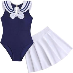 OYOANGLE Girl's Cute Bow One Piece Swimsuit with Ruffle Beach Skirt Cover Up Sporty Bathing Suits (Blue and White, 9Y)