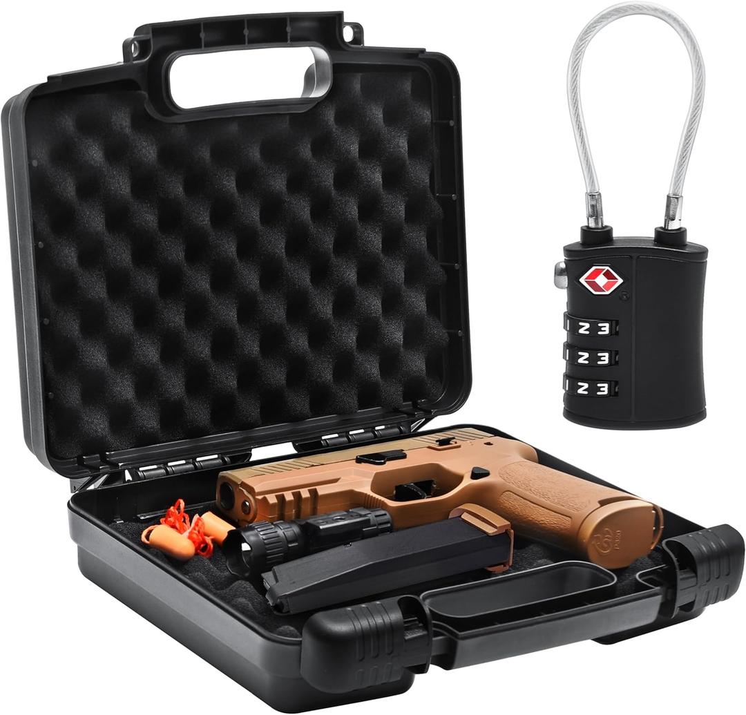 9mm Gun Case Lockable, TSA Approved Firearm Travel Case with 1 TSA Lock, Pistol Case Hard Shell, Gun Safe for Handgun, Pistol, Revolver - Shockproof Gun Storage 10.3 x 8.8 x 3 inch (Black)