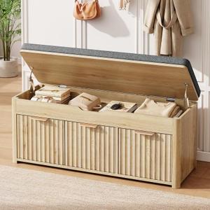 37.4" W Shoe Bench with Storage, Lift Top Entryway Bench, Natural, 37.4"Wx14.2"Dx18.1"H