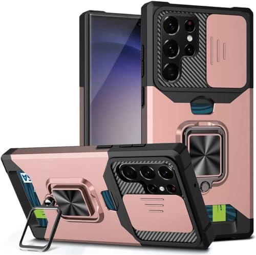 Designed for Samsung S23 Ultra Wallet Case with Magnetic Car Mount Credit Card Holder Stand Kickstand Heavy Duty Shockproof Hybrid Rugged Drop Protective Cover for Galaxy S23U Women Rose Gold