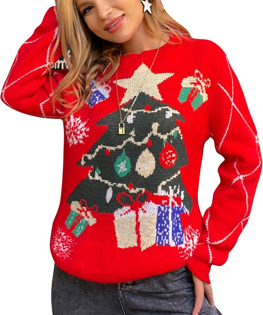 Ugly Christmas Sweater Soft Lightweight Warm Pullover Holiday Chunky Christmas Sweaters Tops Vintage Stylish (Medium, 07-women-red-tree)